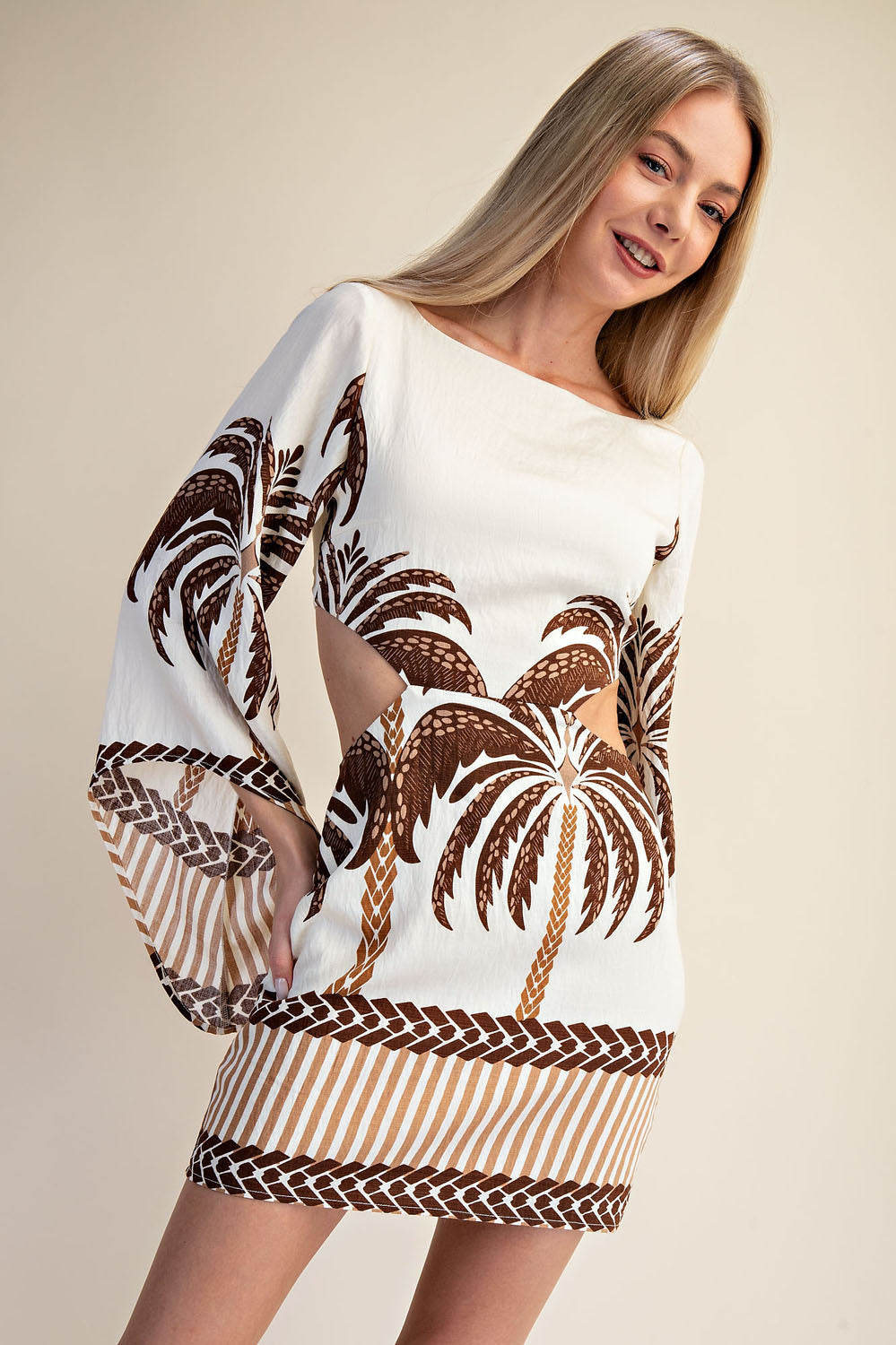 OPEN BACK LONG SLEEVE  PALM TREE PRINT MINI DRESS - BROWN