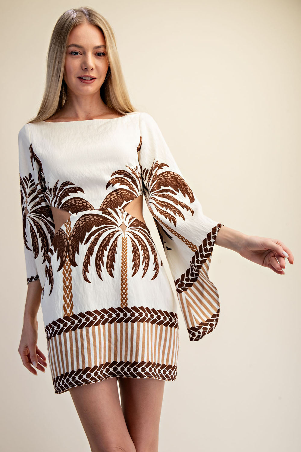 OPEN BACK LONG SLEEVE  PALM TREE PRINT MINI DRESS - BROWN