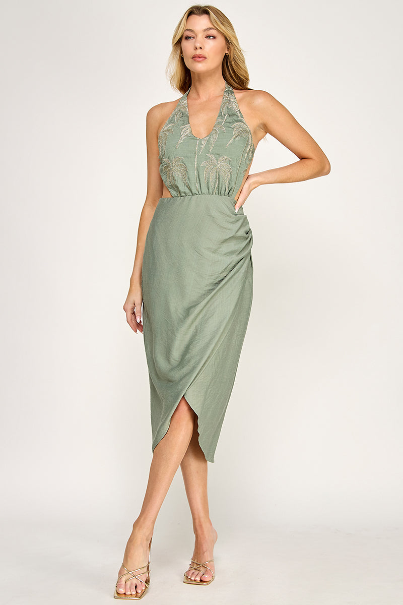 GOLDEN PALM TREE MIDI DRESS