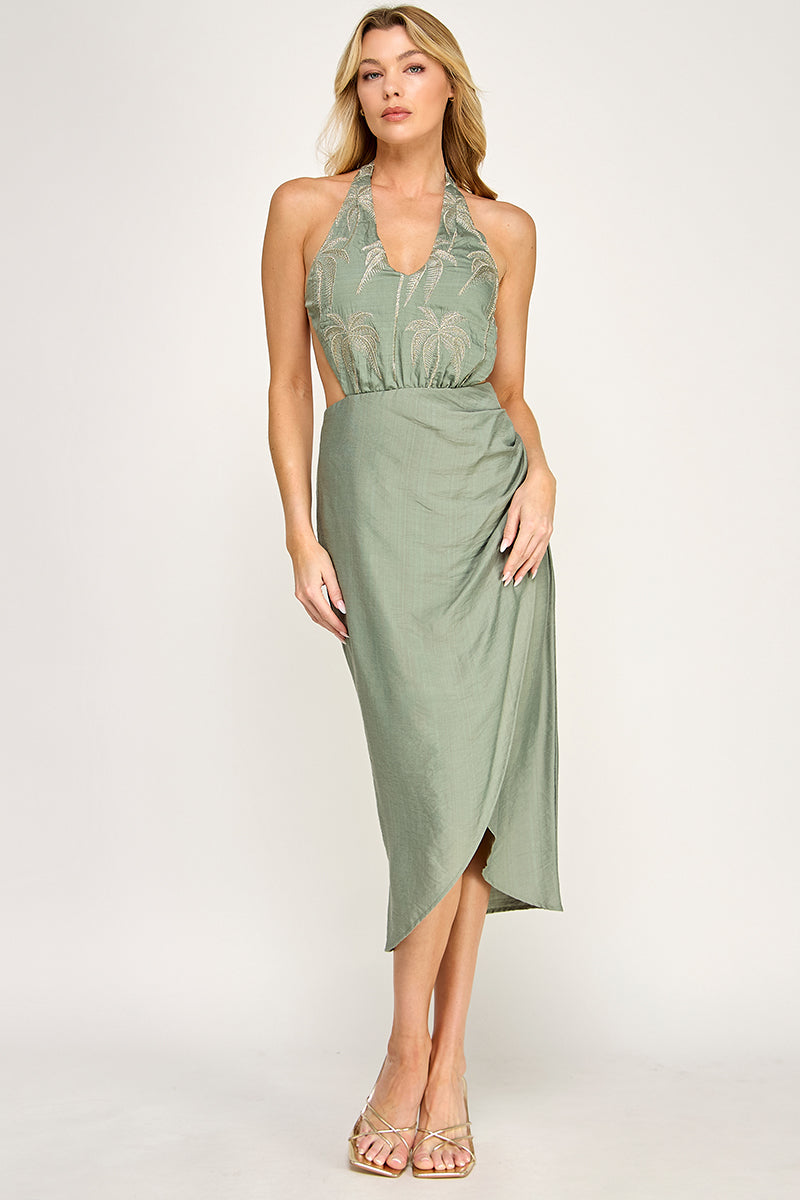 GOLDEN PALM TREE MIDI DRESS