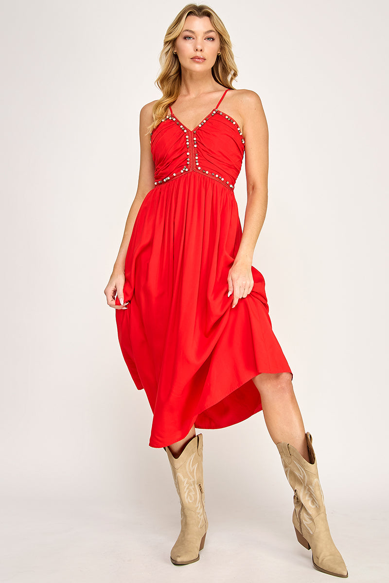 BEADED BUST MIDI DRESS
