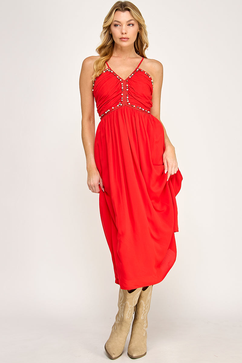 BEADED BUST MIDI DRESS
