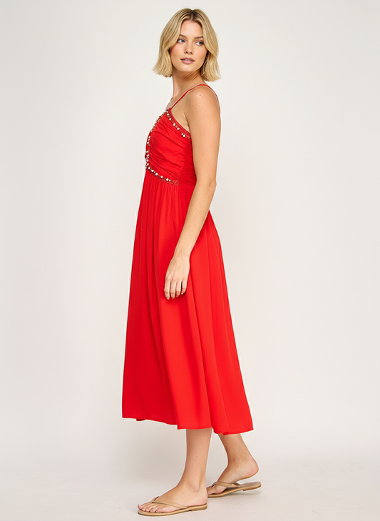BEADED BUST MIDI DRESS - SUMMER RED