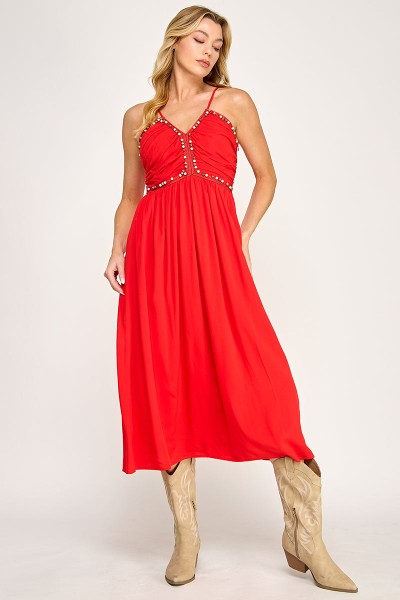 BEADED BUST MIDI DRESS