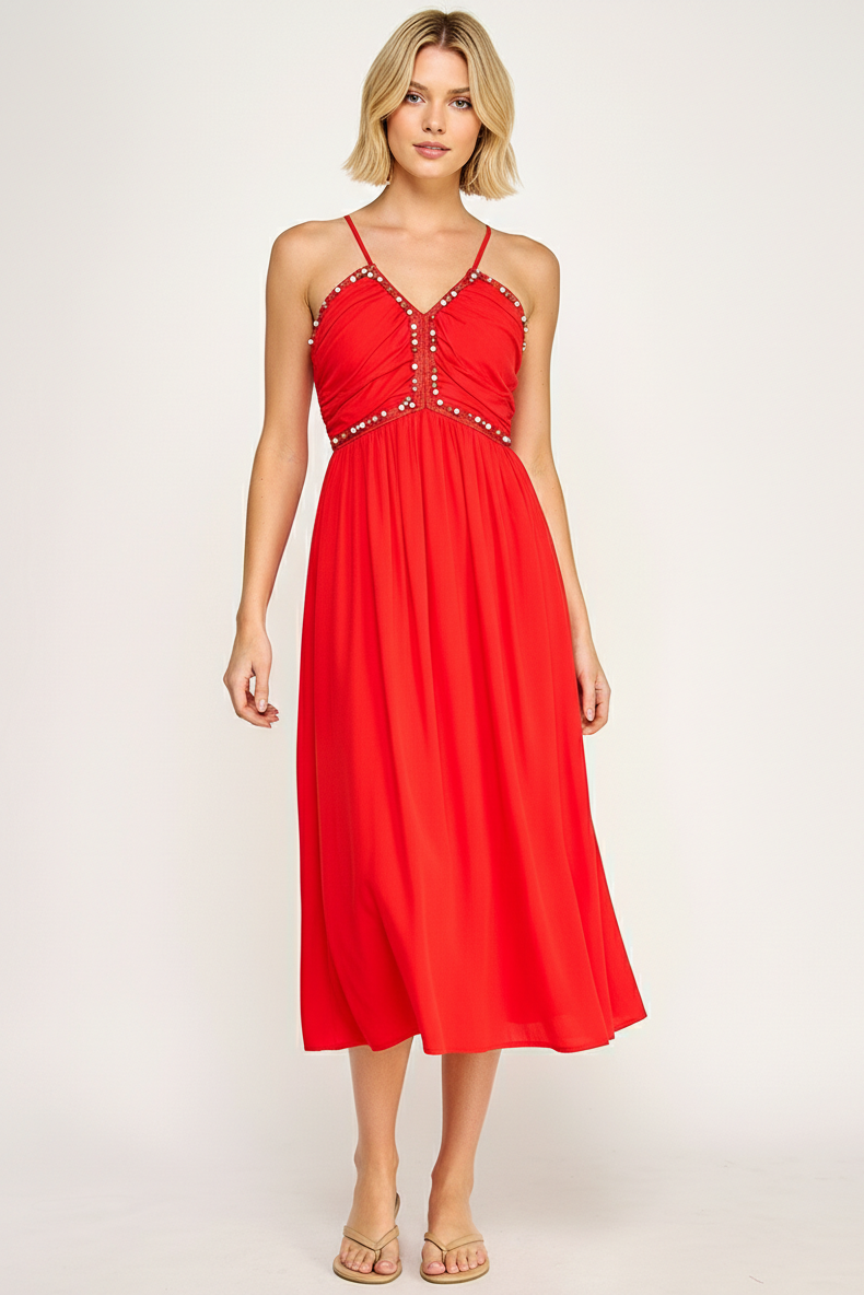 BEADED BUST MIDI DRESS - SUMMER RED