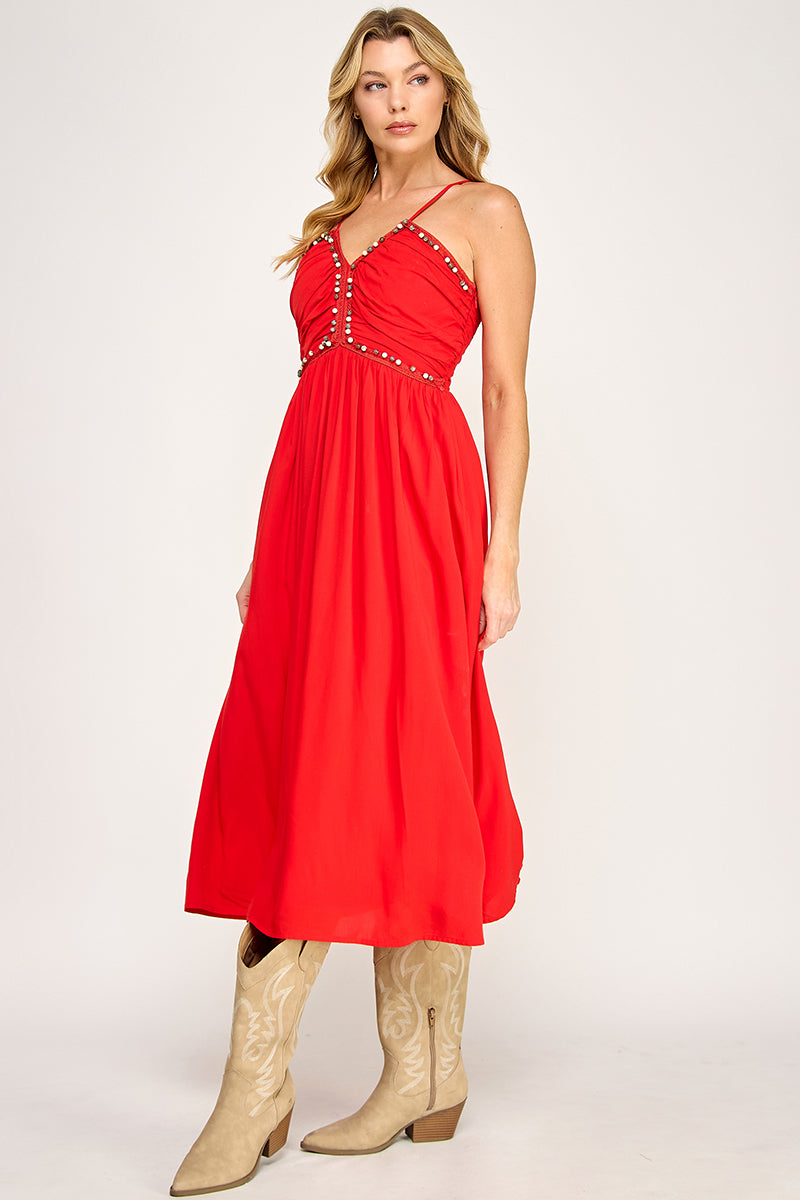 BEADED BUST MIDI DRESS