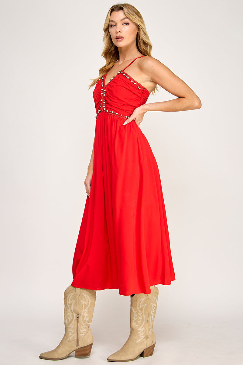 BEADED BUST MIDI DRESS
