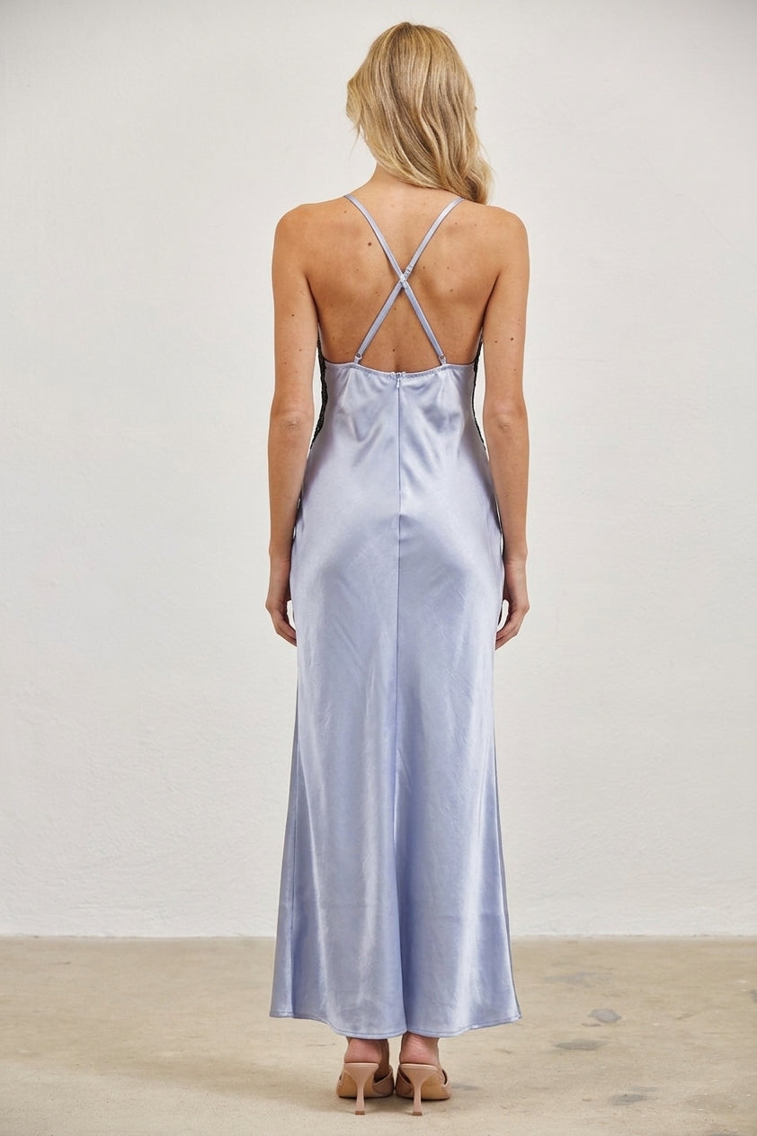 LACE BODICE SATIN SLIP DRESS - CHAMPAGNE