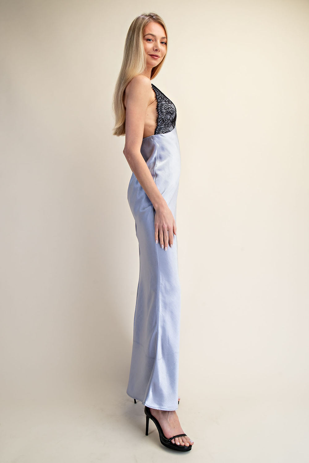 LACE BODICE SATIN SLIP DRESS