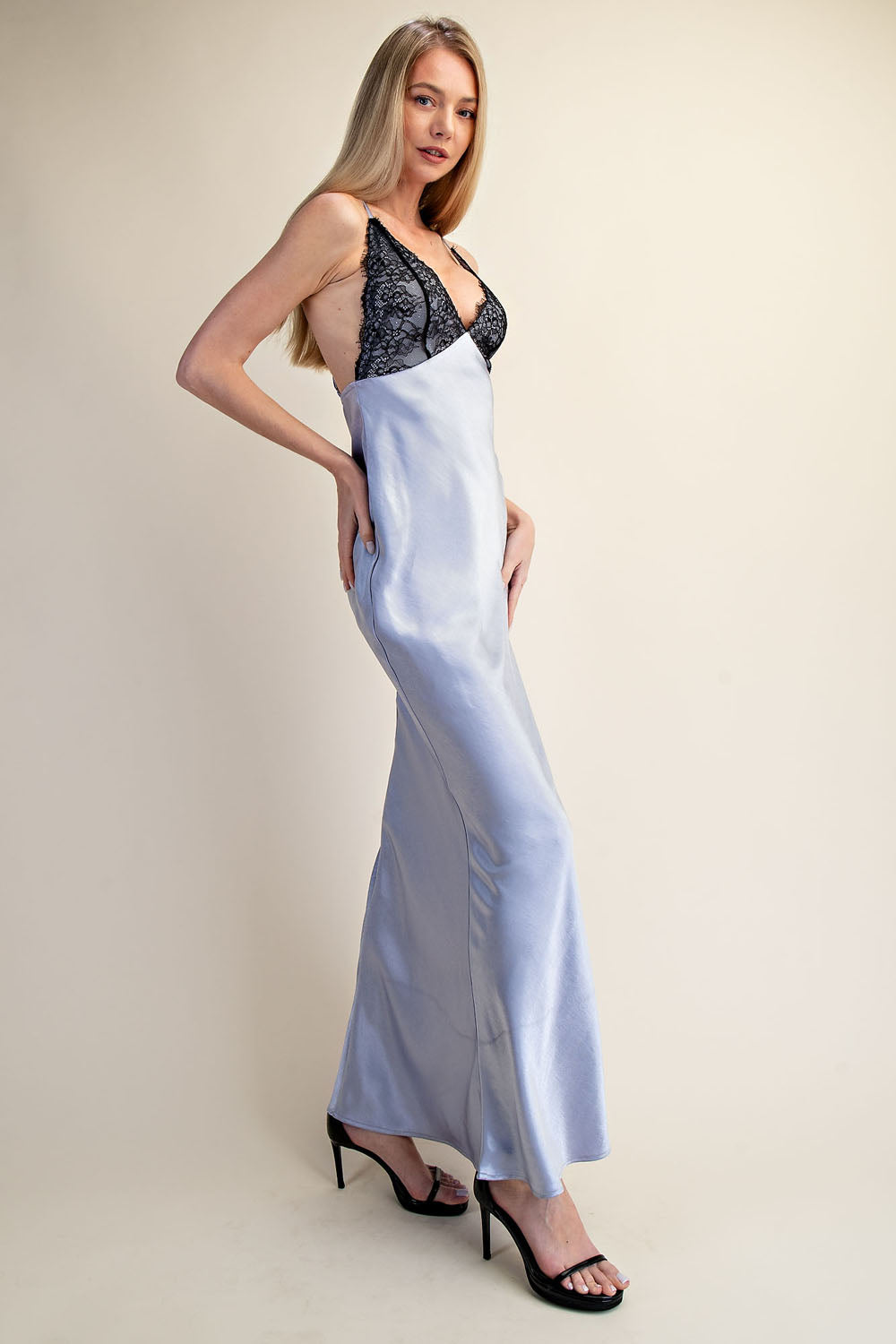 LACE BODICE SATIN SLIP DRESS