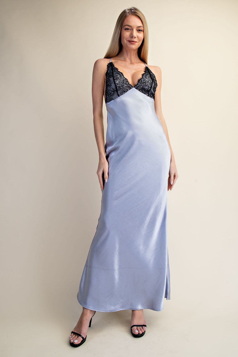 LACE BODICE SATIN SLIP DRESS