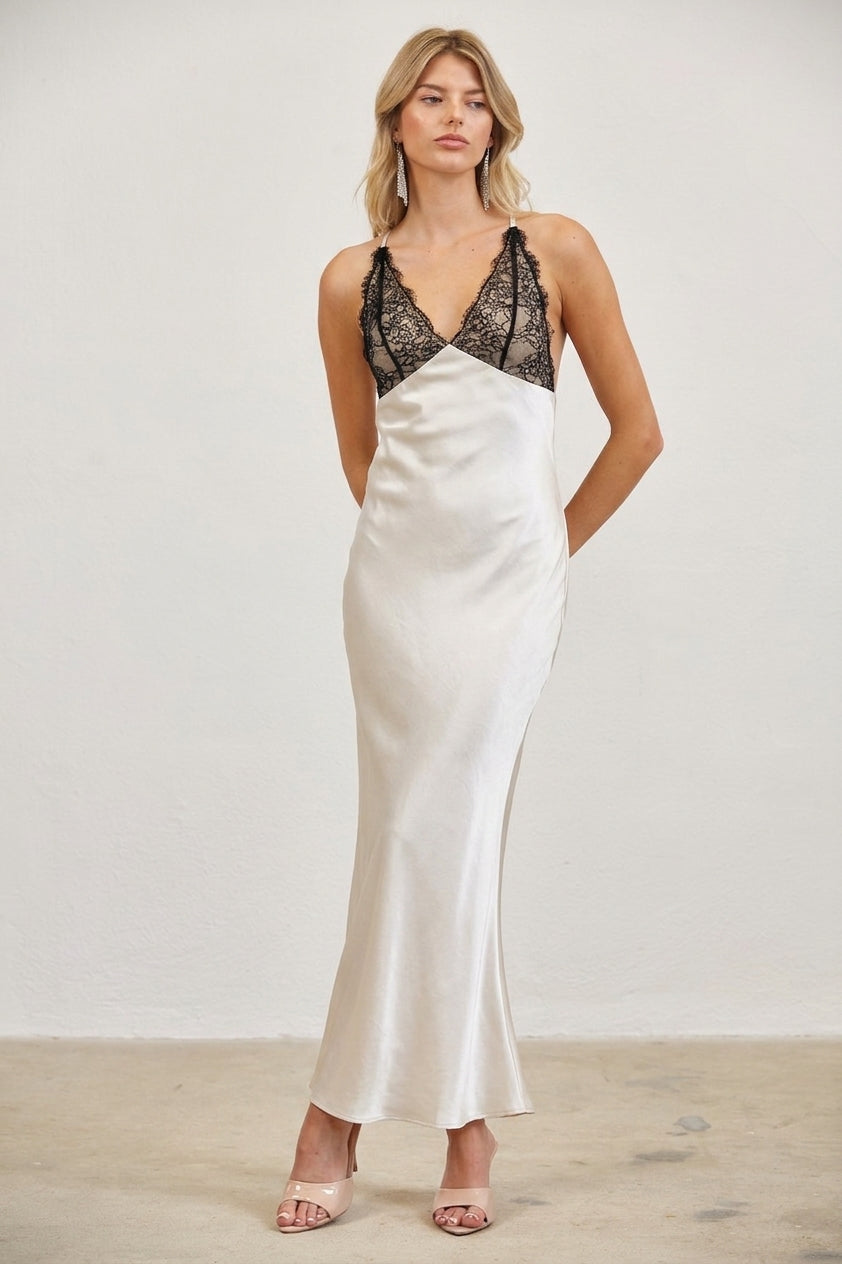 LACE BODICE SATIN SLIP DRESS - CHAMPAGNE