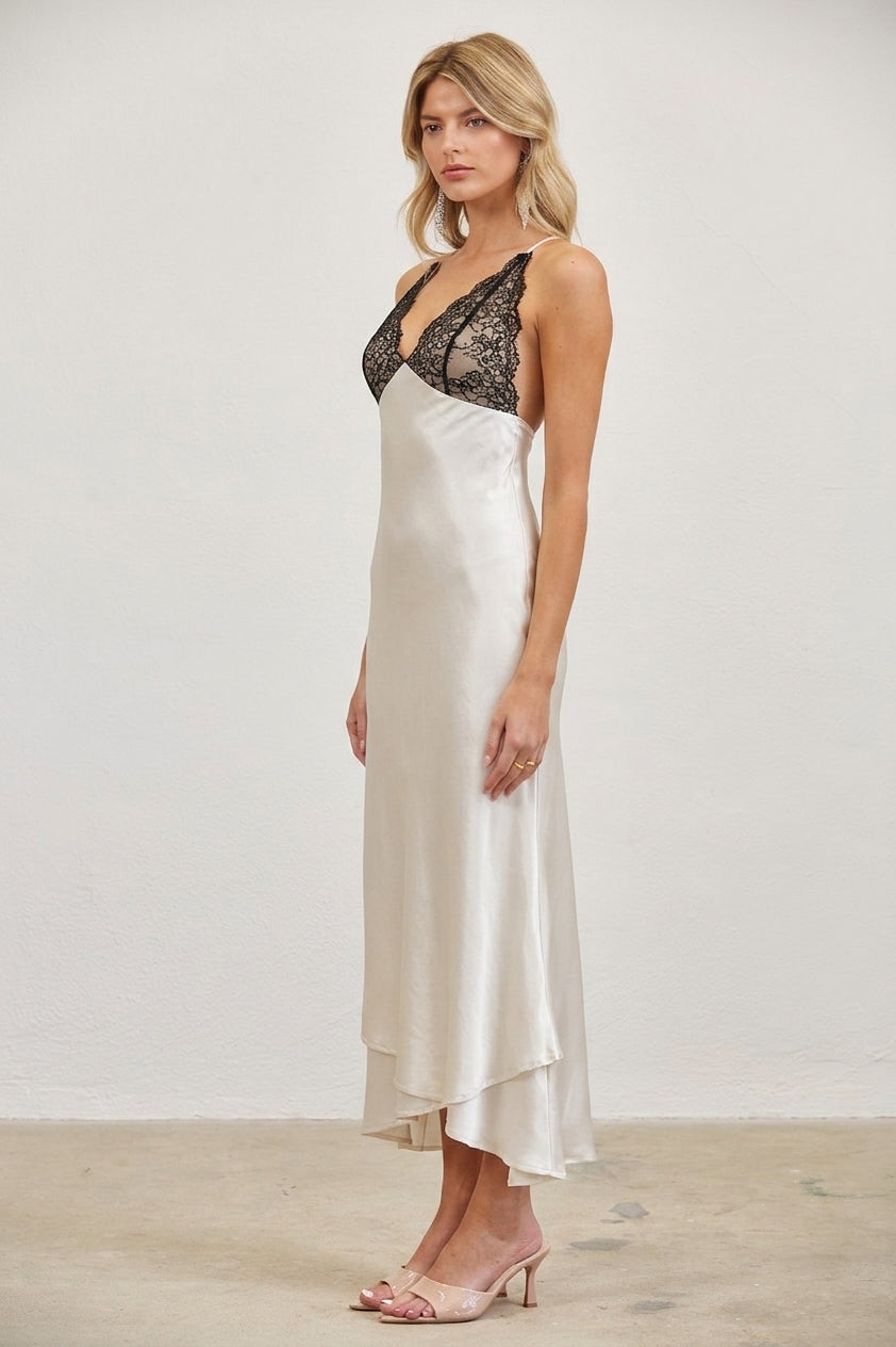 LACE BODICE SATIN SLIP DRESS - CHAMPAGNE