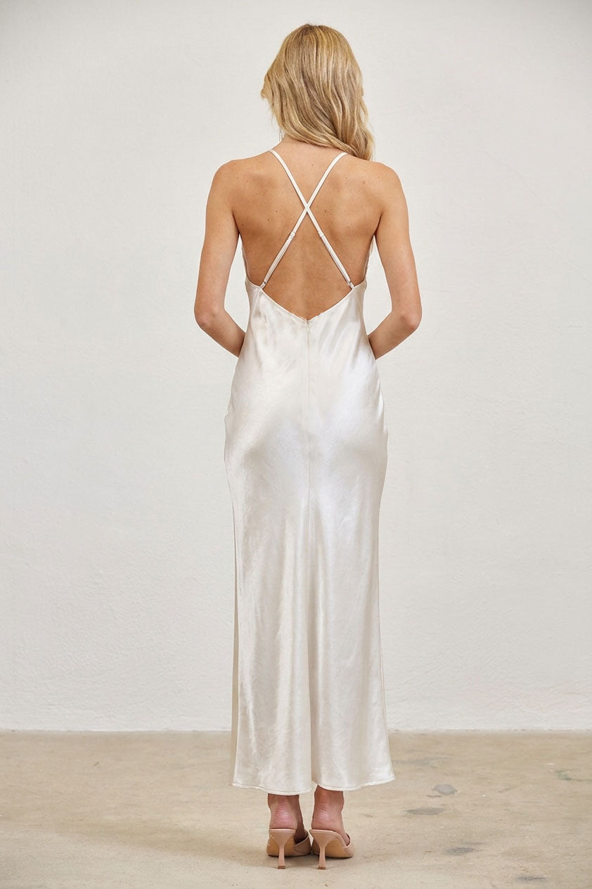 LACE BODICE SATIN SLIP DRESS - CHAMPAGNE