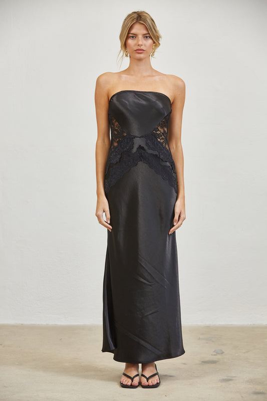 LACE CORSET STRAPLESS SATIN MAXI DRESS - BLACK