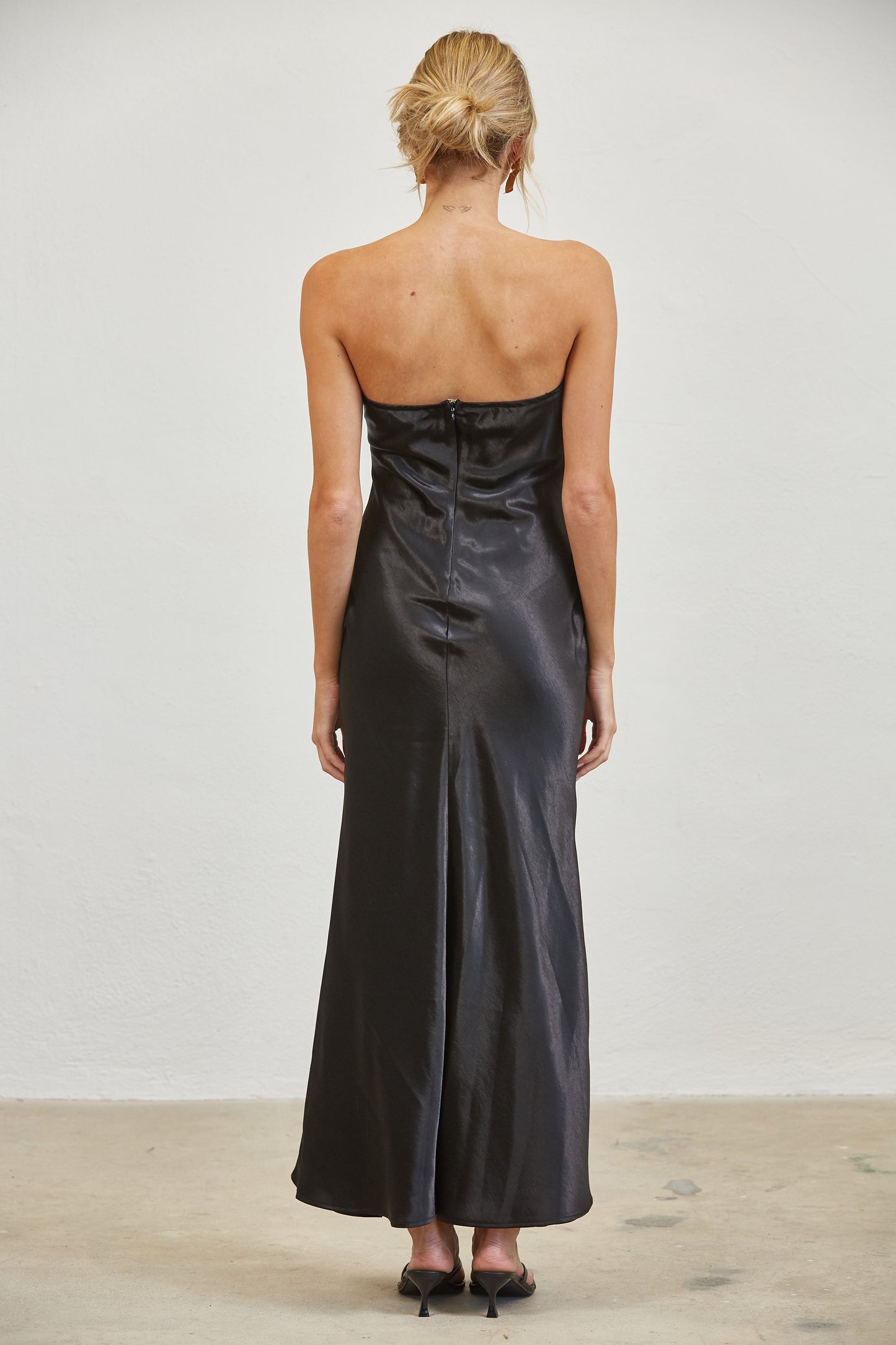 LACE CORSET STRAPLESS SATIN MAXI DRESS