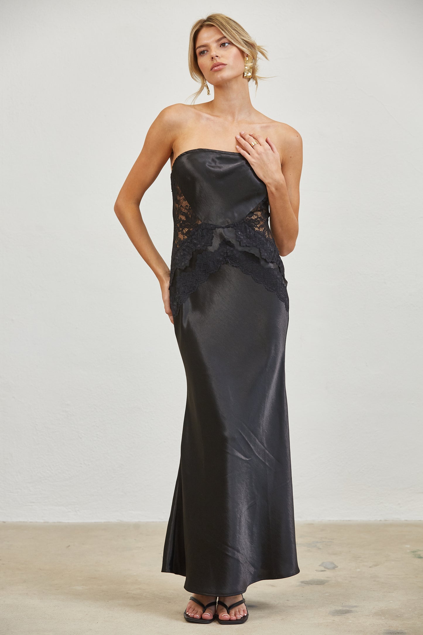 LACE CORSET STRAPLESS SATIN MAXI DRESS