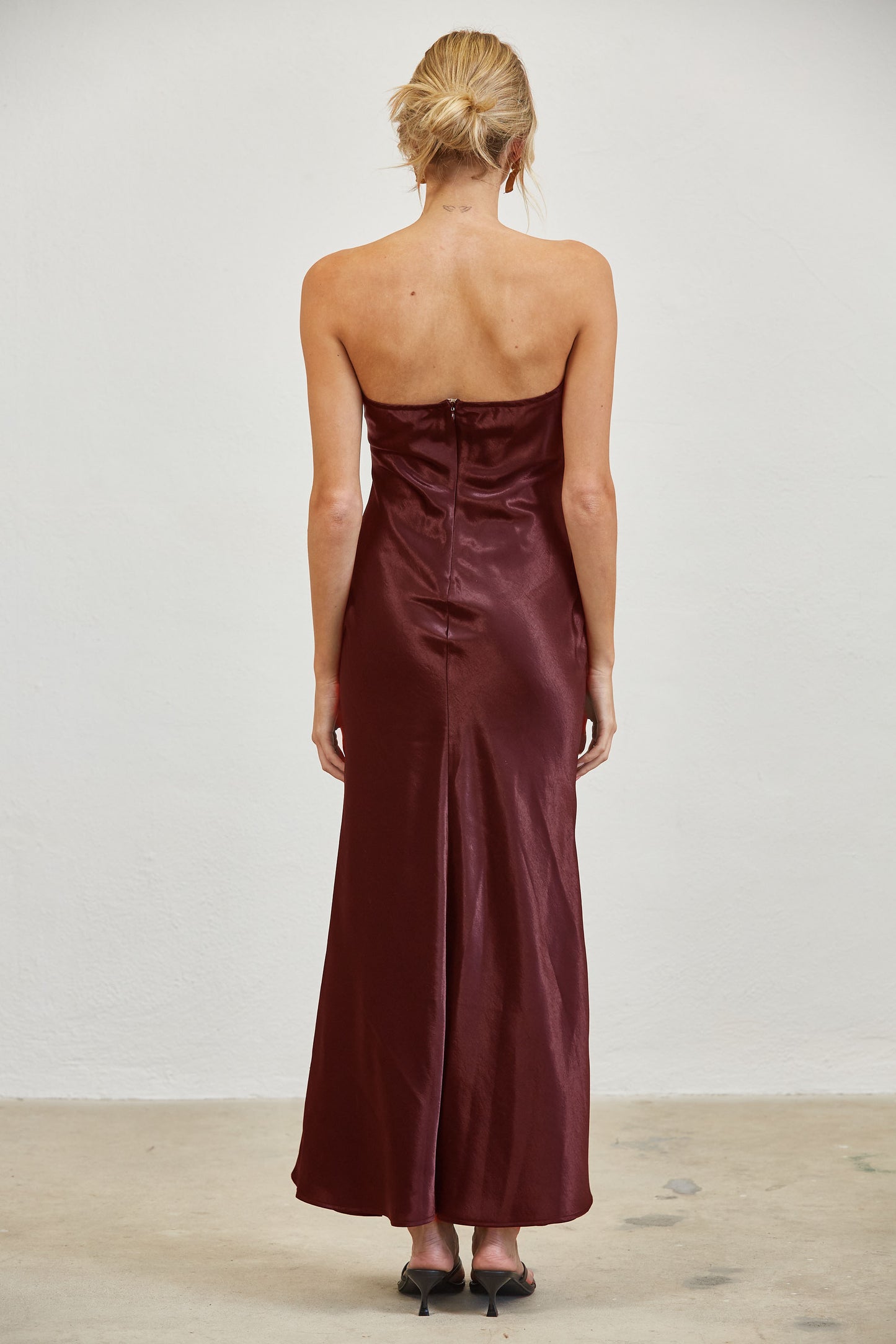 LACE CORSET STRAPLESS SATIN MAXI DRESS