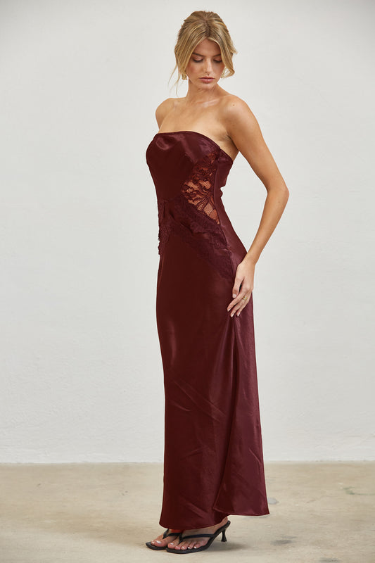 LACE CORSET STRAPLESS SATIN MAXI DRESS