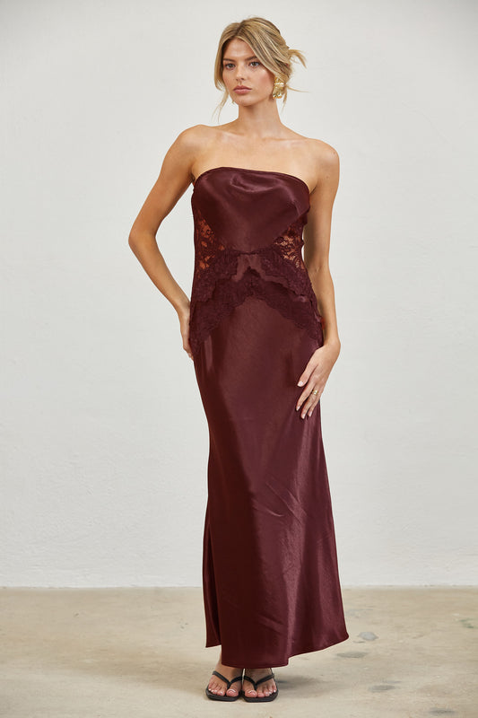 LACE CORSET STRAPLESS SATIN MAXI DRESS