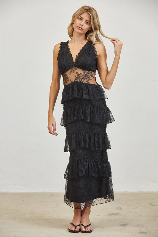 MIDNIGHT ROMANCE LACE TIERED MIDI DRESS - BLACK