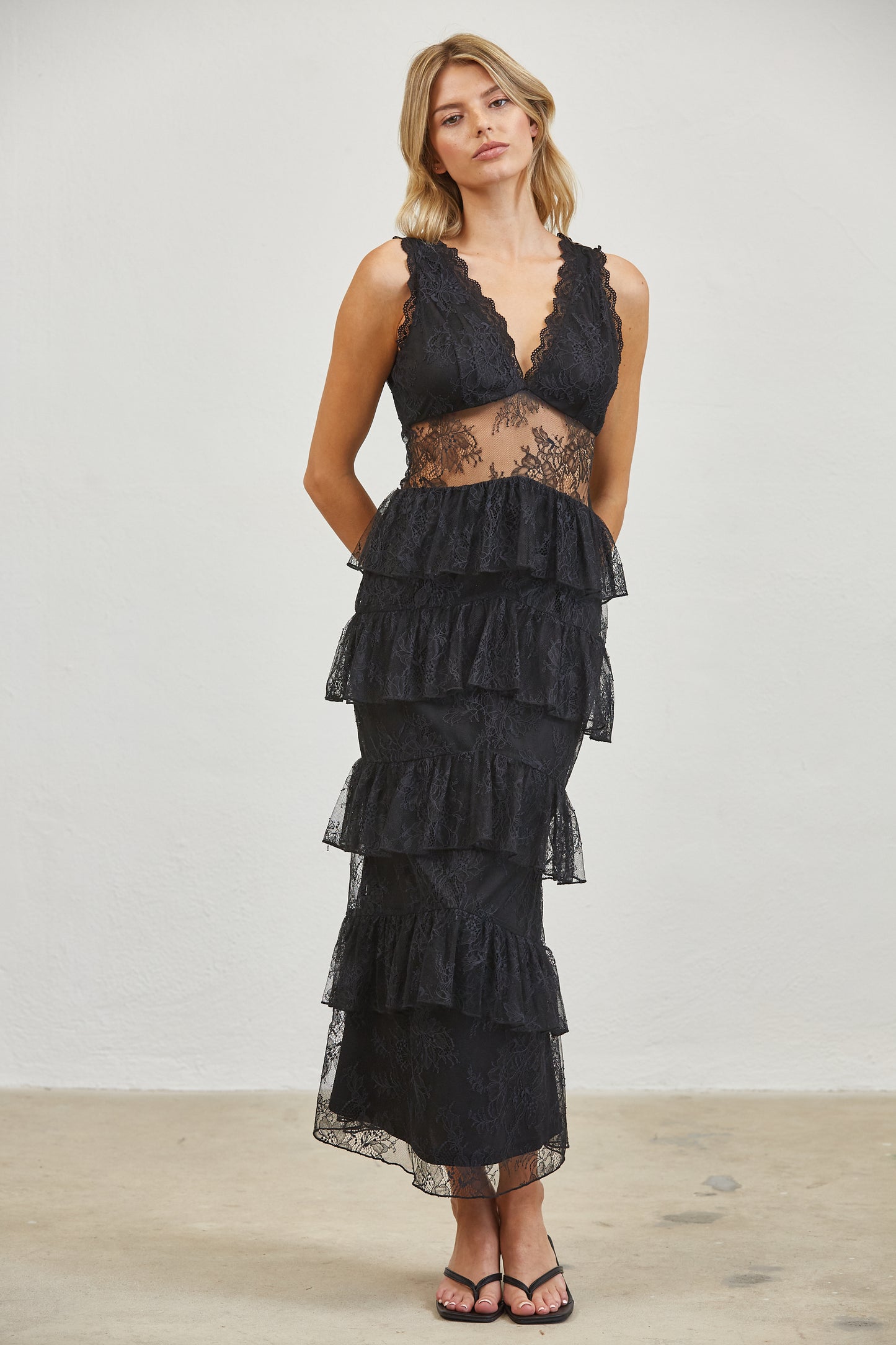 MIDNIGHT ROMANCE LACE TIERED MIDI DRESS - CHOCOLATE