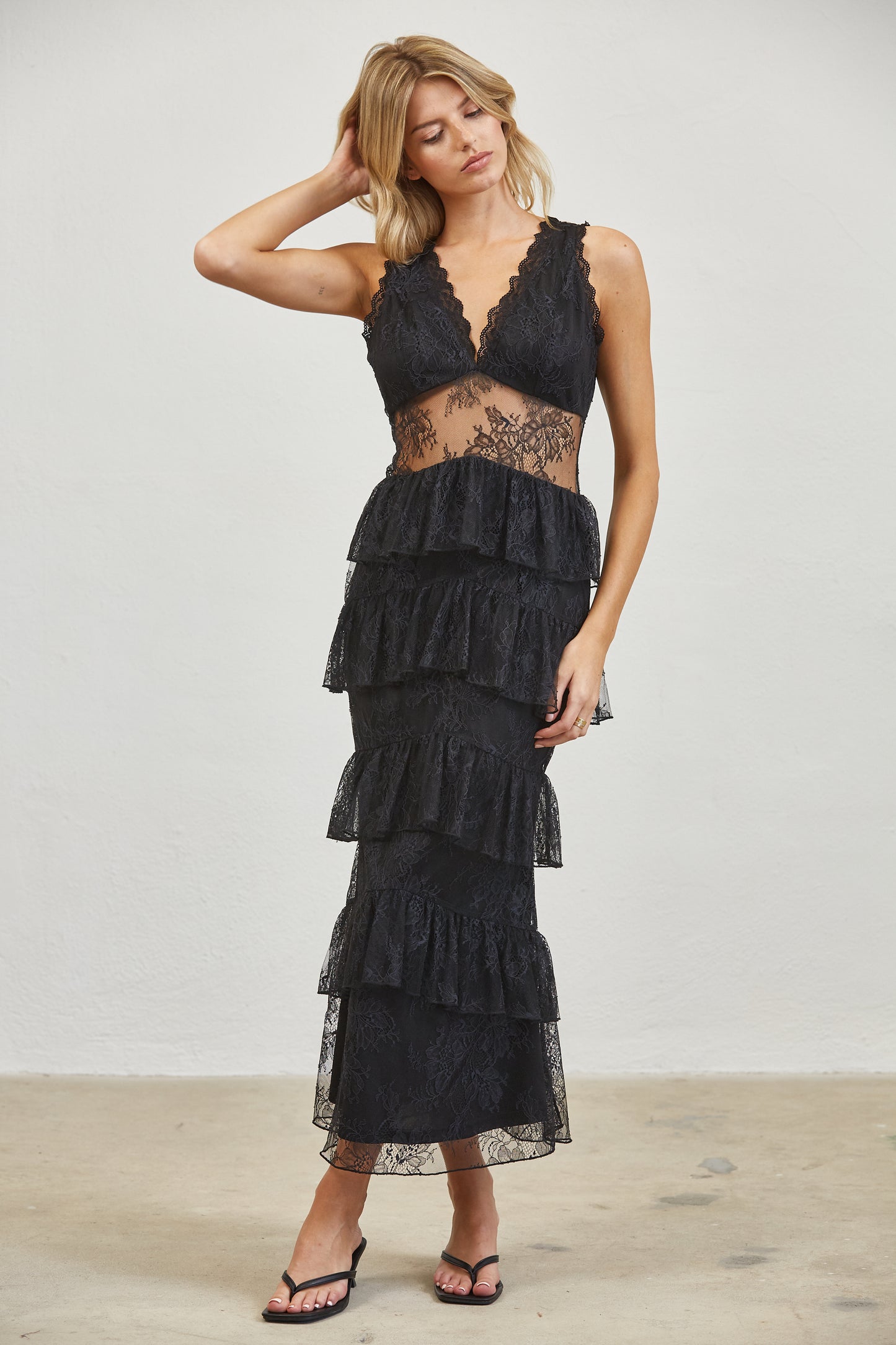 MIDNIGHT ROMANCE LACE TIERED MIDI DRESS - CHOCOLATE