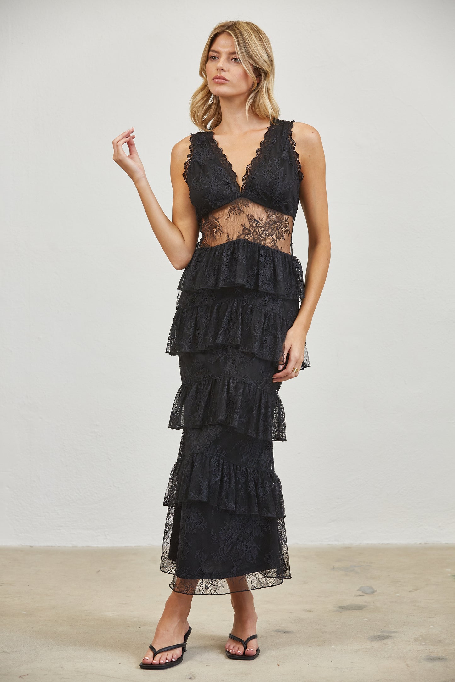 MIDNIGHT ROMANCE LACE TIERED MIDI DRESS - CHOCOLATE