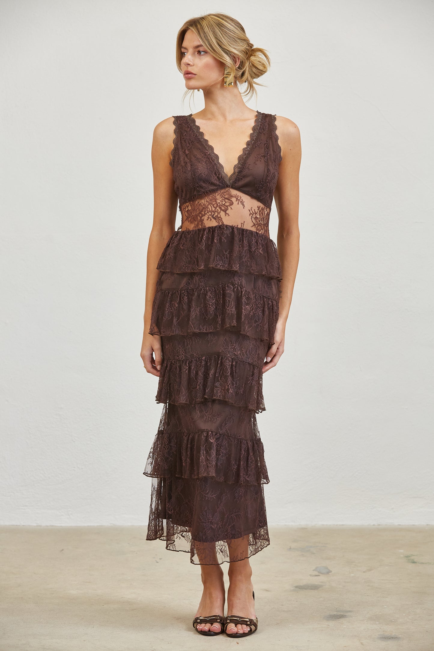 MIDNIGHT ROMANCE LACE TIERED MIDI DRESS - CHOCOLATE