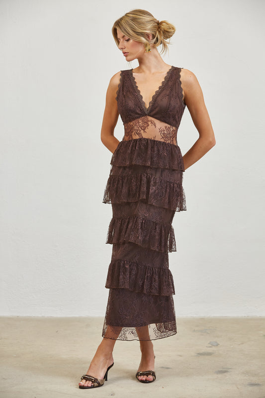 MIDNIGHT ROMANCE LACE TIERED MIDI DRESS - CHOCOLATE