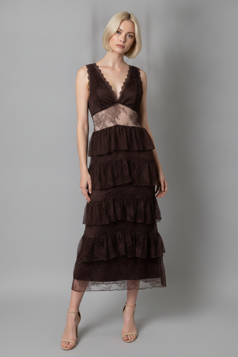 MIDNIGHT ROMANCE LACE TIERED MIDI DRESS