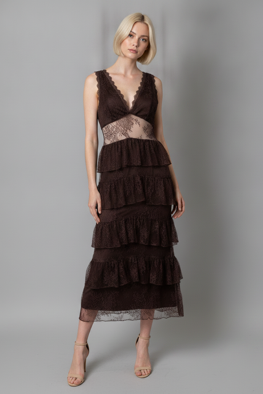 MIDNIGHT ROMANCE LACE TIERED MIDI DRESS