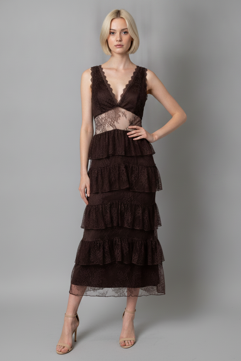 MIDNIGHT ROMANCE LACE TIERED MIDI DRESS