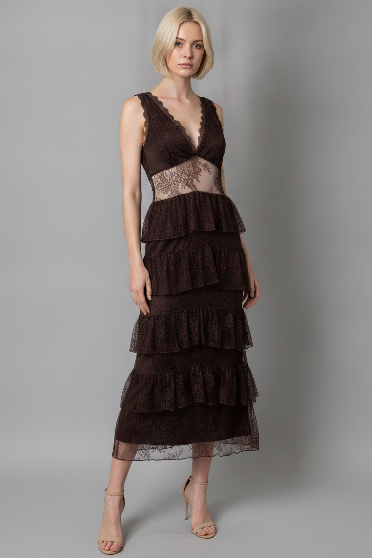 MIDNIGHT ROMANCE LACE TIERED MIDI DRESS