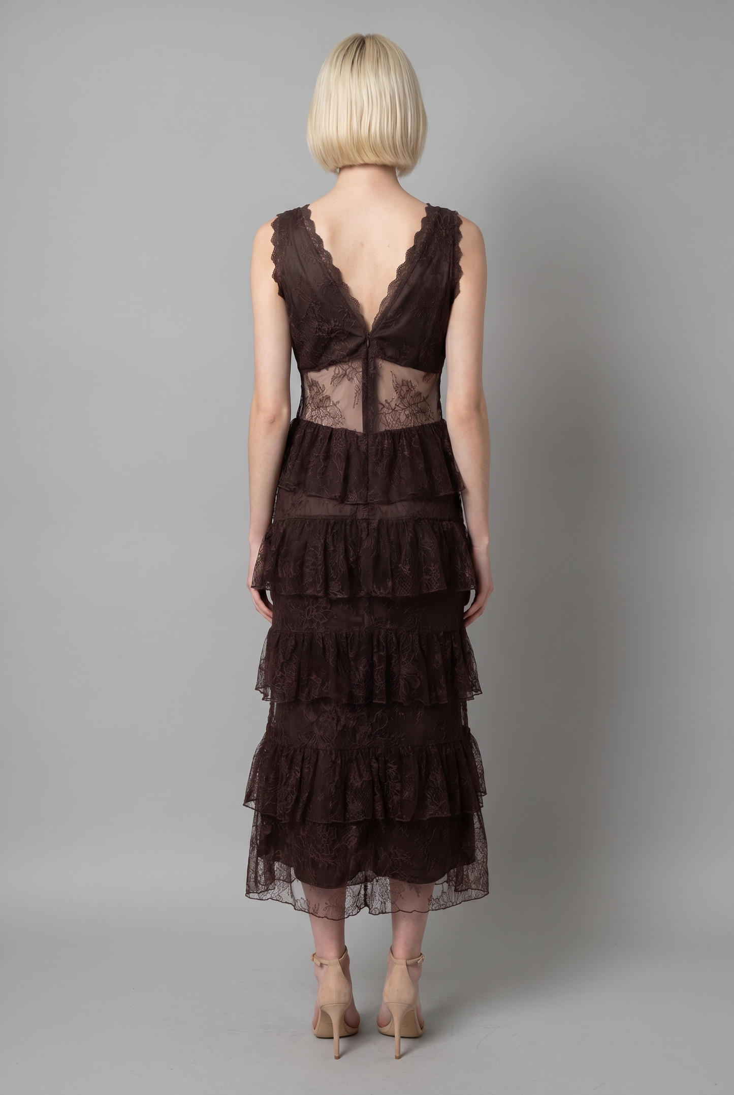 MIDNIGHT ROMANCE LACE TIERED MIDI DRESS