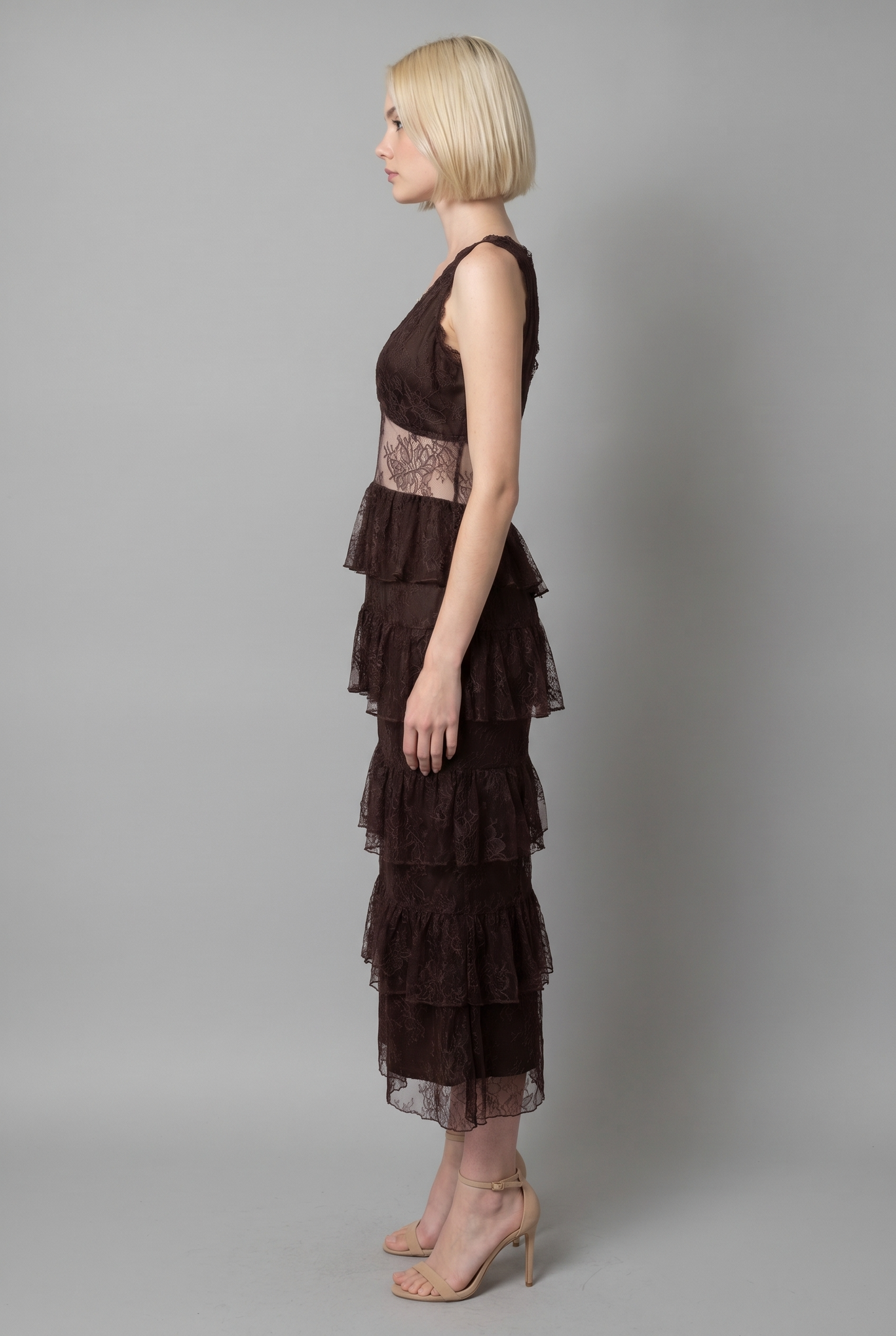 MIDNIGHT ROMANCE LACE TIERED MIDI DRESS
