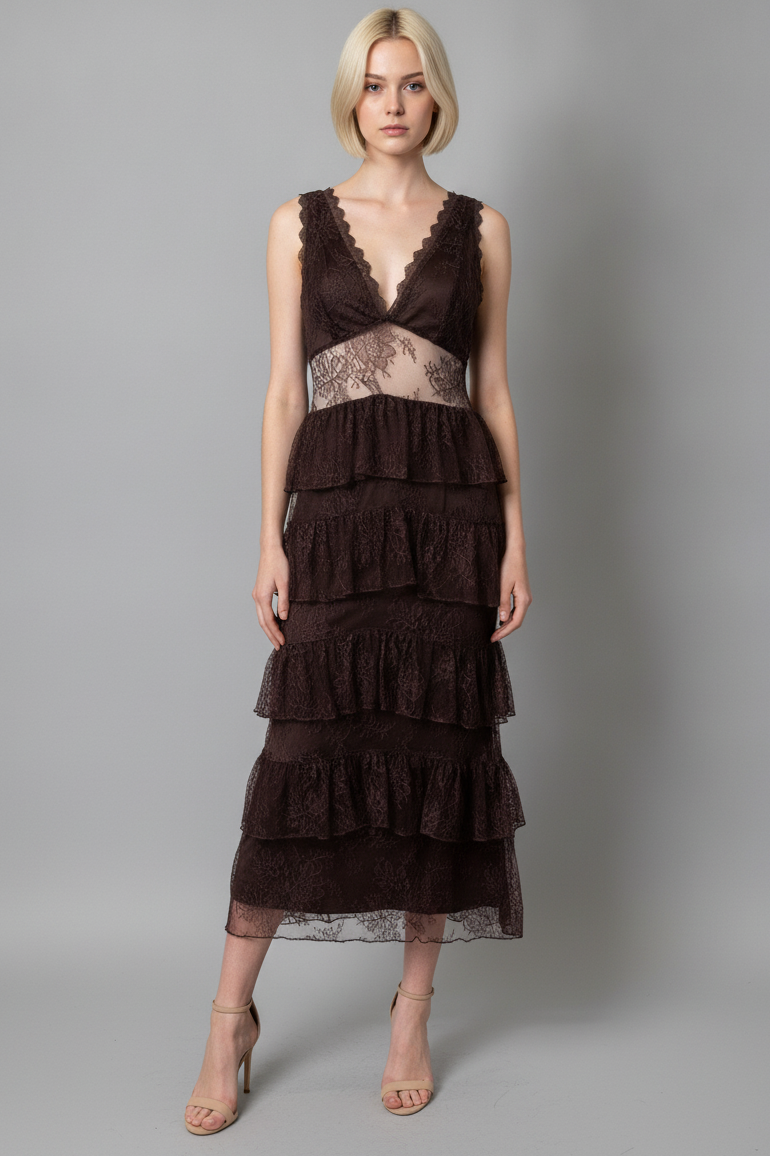MIDNIGHT ROMANCE LACE TIERED MIDI DRESS