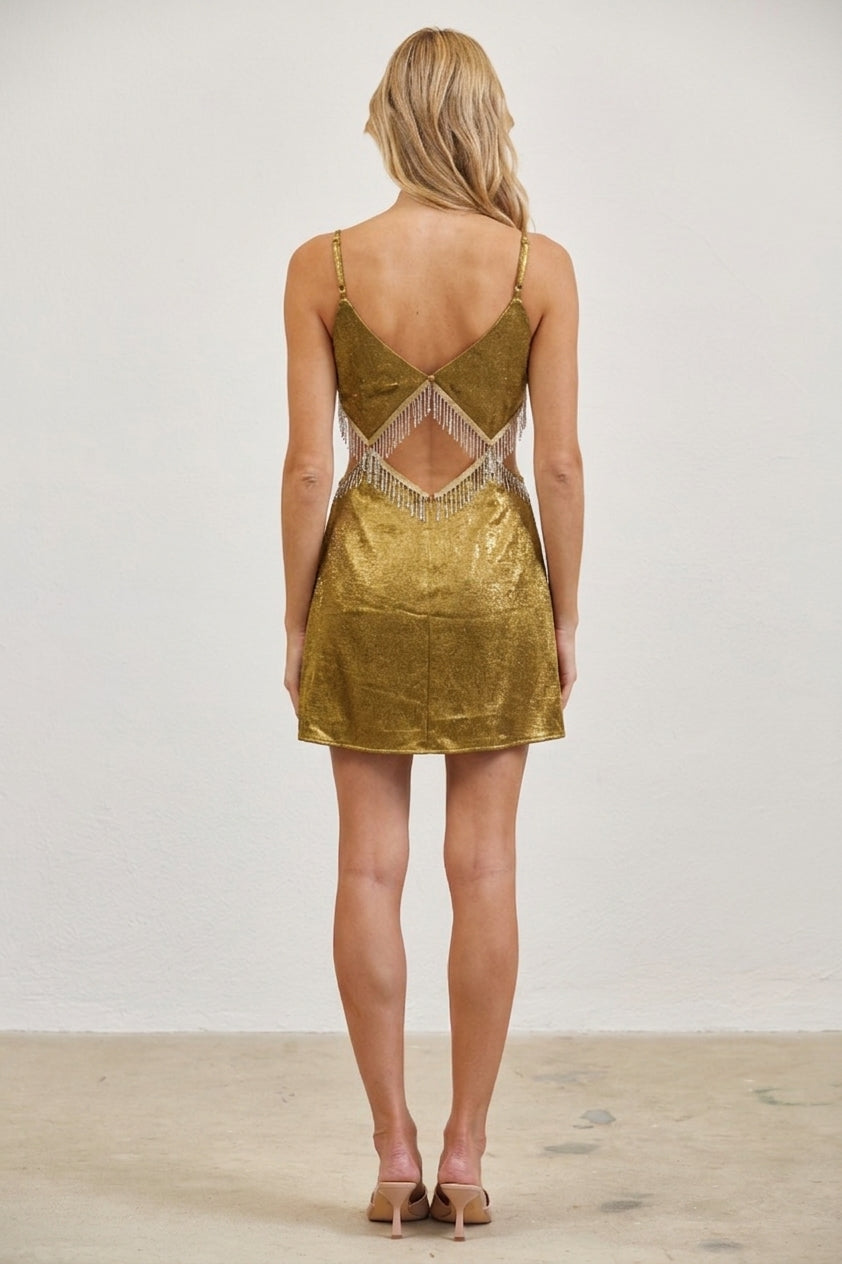 CUT OUT FRINGE SHINNER MINI DRESS