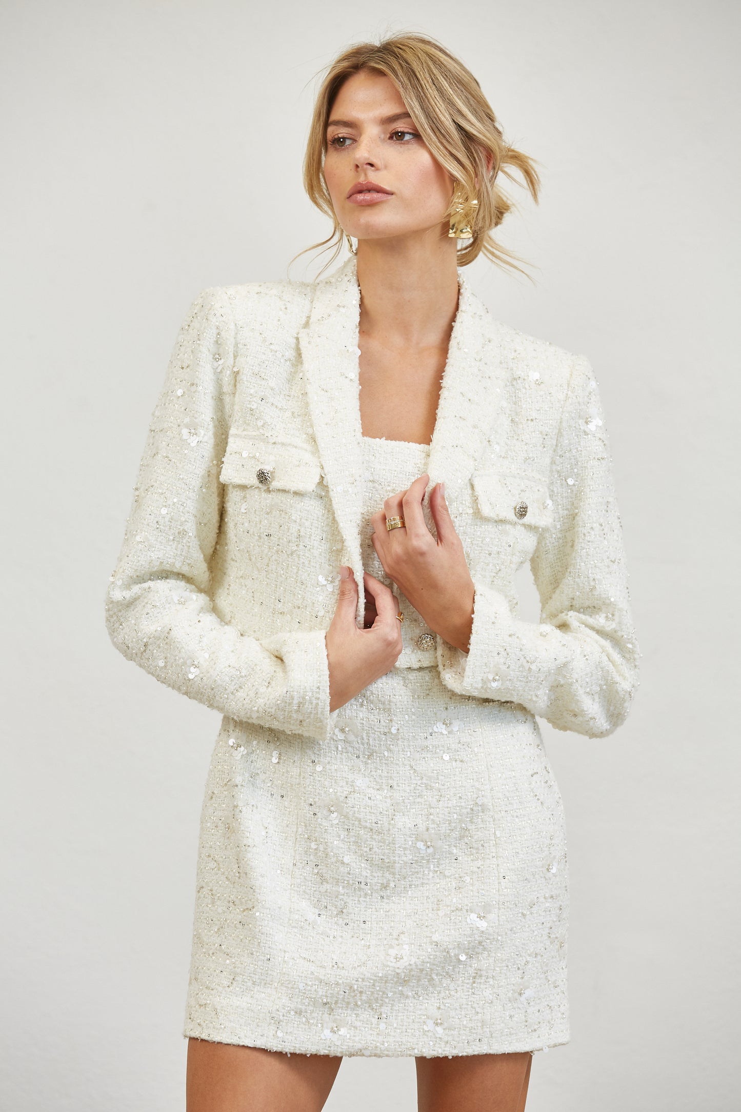 CHAIN TRIM TWEED CROP JACKET