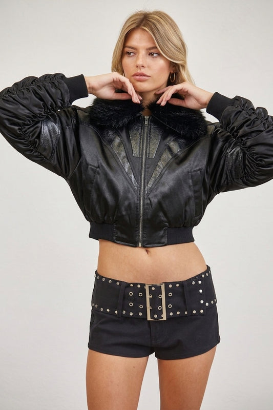 FAUX FUR COLLAR BOMBER JACKET