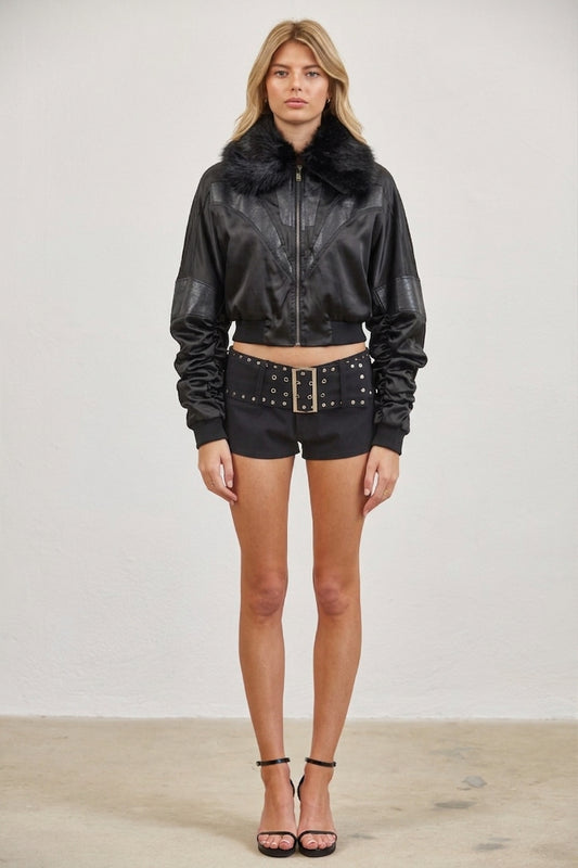 FAUX FUR COLLAR BOMBER JACKET