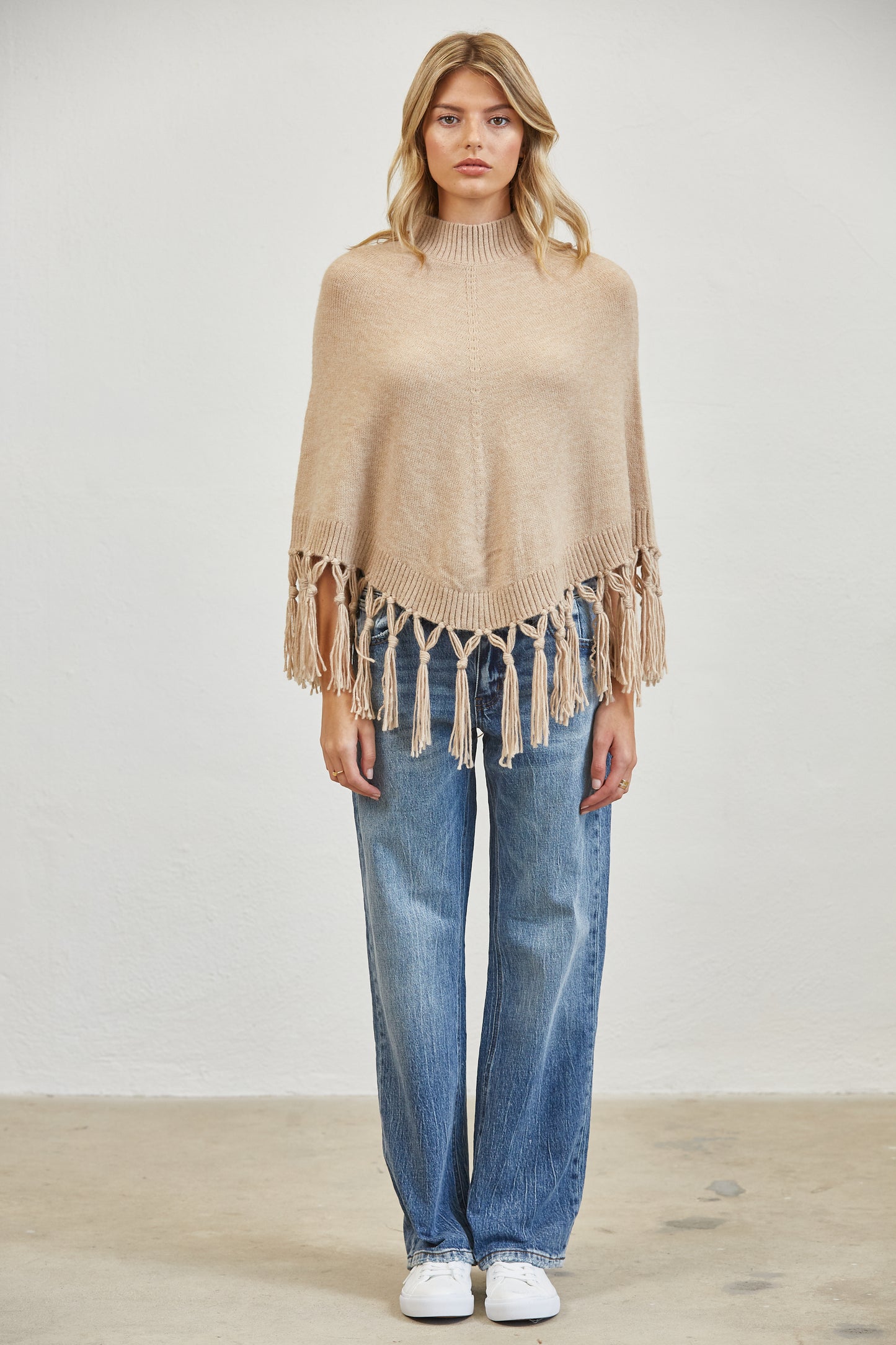 FRINGE MOCK NECK KNIT PANCHO SWEATER