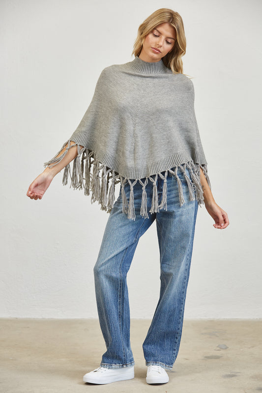 FRINGE MOCK NECK KNIT PANCHO SWEATER - HEATHER GREY