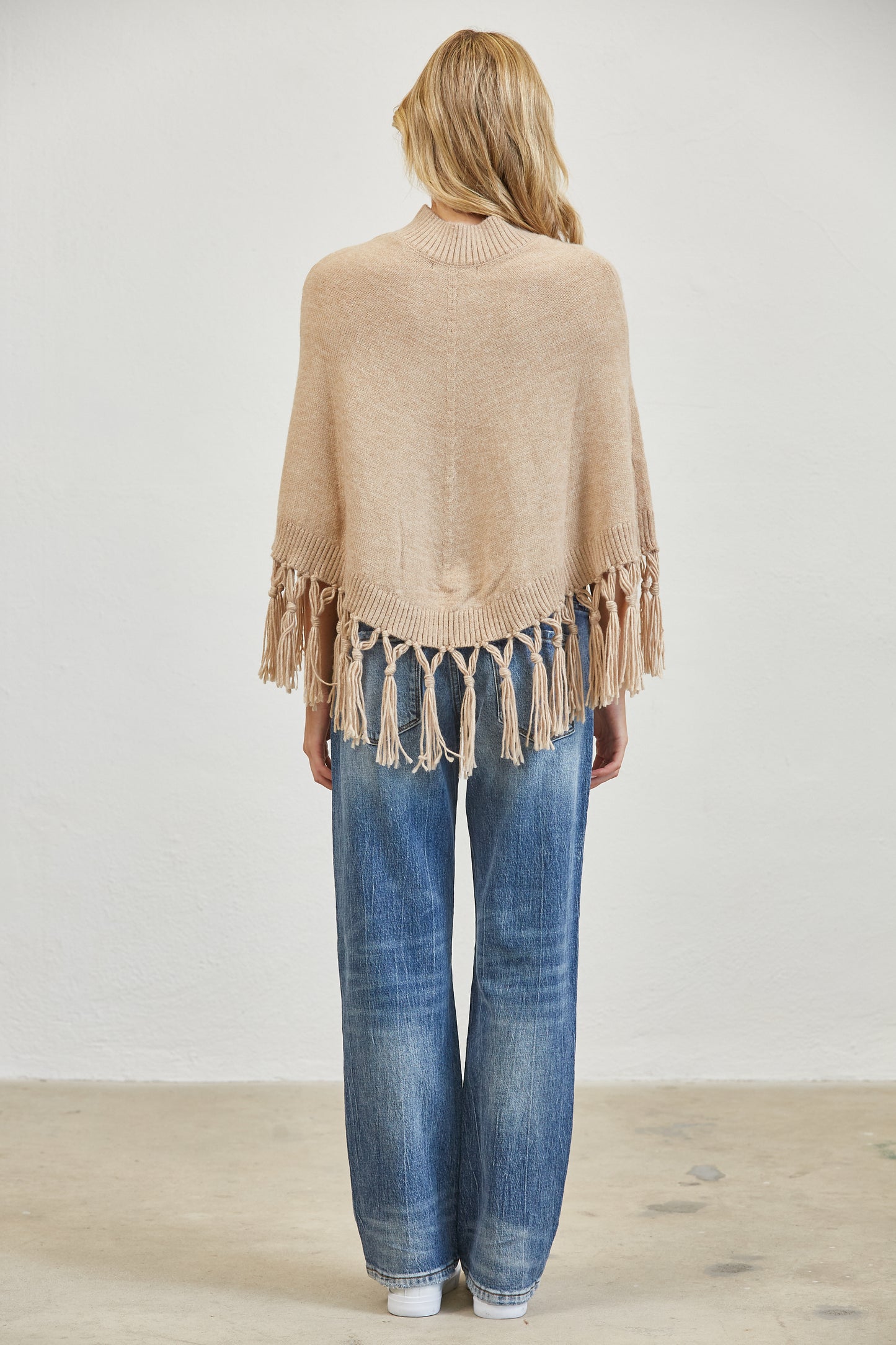 FRINGE MOCK NECK KNIT PANCHO SWEATER