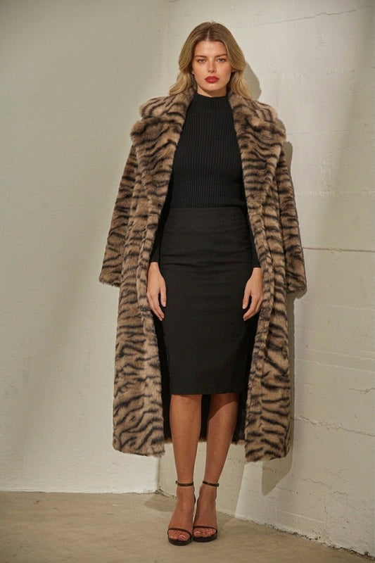TIGER PRINT FAUX FUR MAXI COAT