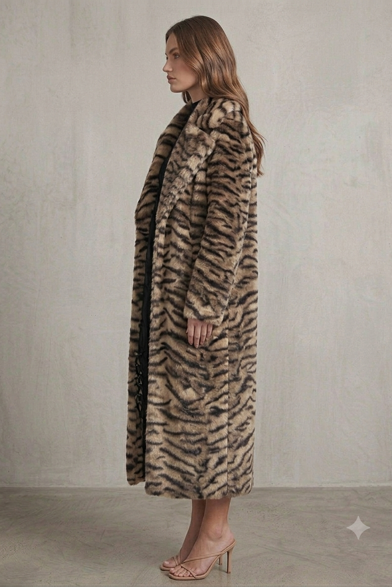 TIGER PRINT FAUX FUR MAXI COAT