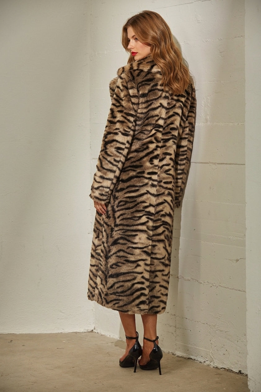 TIGER PRINT FAUX FUR MAXI COAT