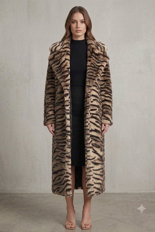 TIGER PRINT FAUX FUR MAXI COAT