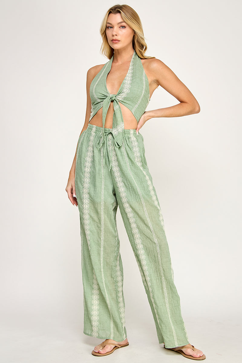 EMBROIDEREDTIE FRONT HALTER TOP AND PANTS SET