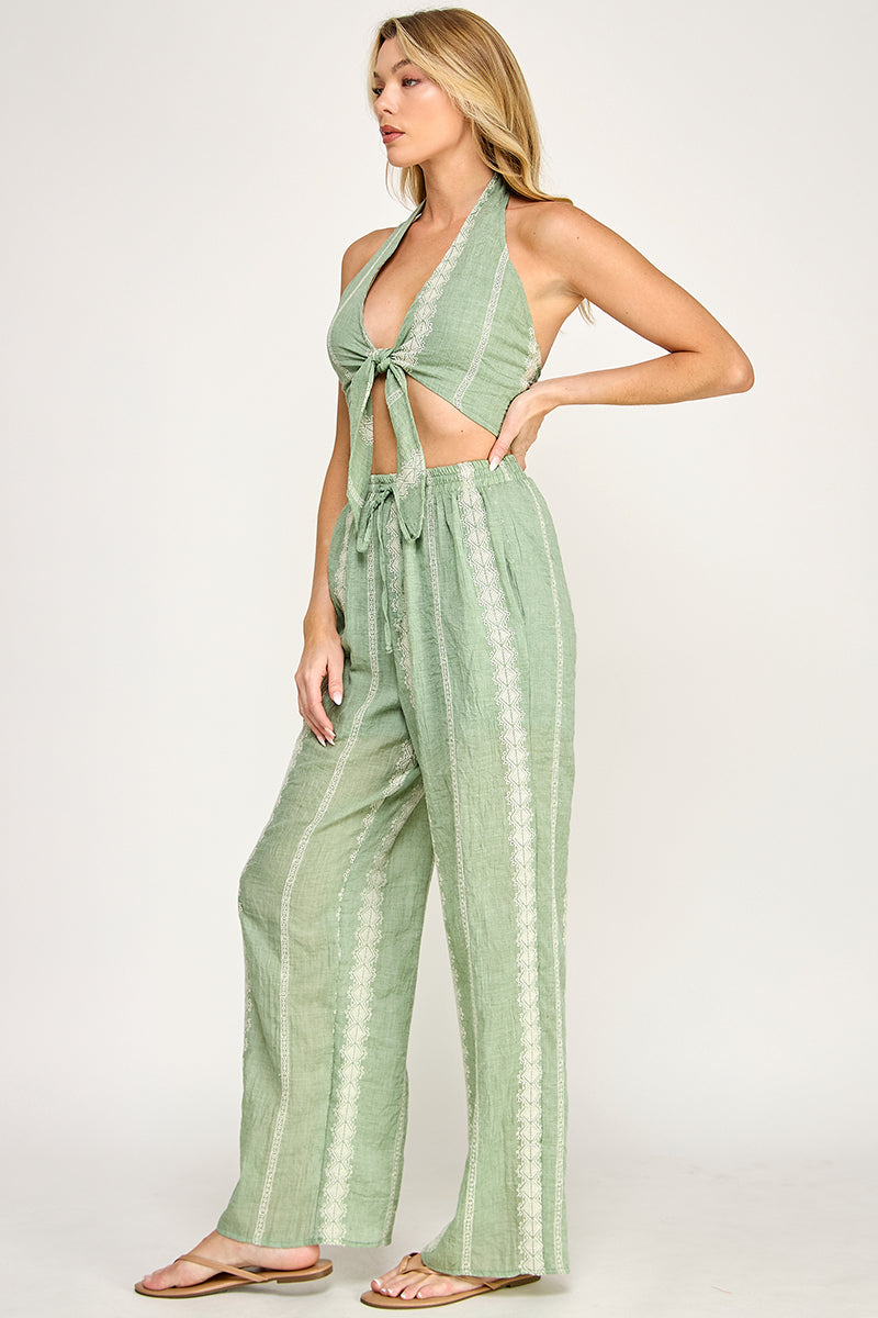 EMBROIDEREDTIE FRONT HALTER TOP AND PANTS SET